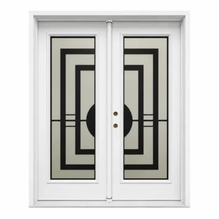 S64 steel double entry door with geometric decorative glass panels