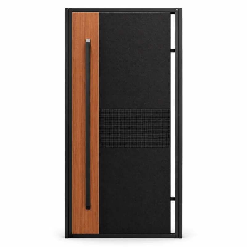 HFB02 high-end custom fiberglass entry door with wood grain panel and black textured design