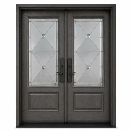 F11 fiberglass double entry door with decorative glass inserts