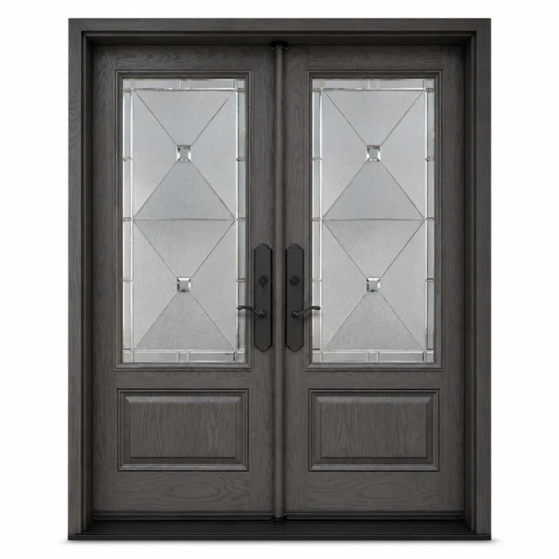 F11 fiberglass double entry door with decorative glass inserts