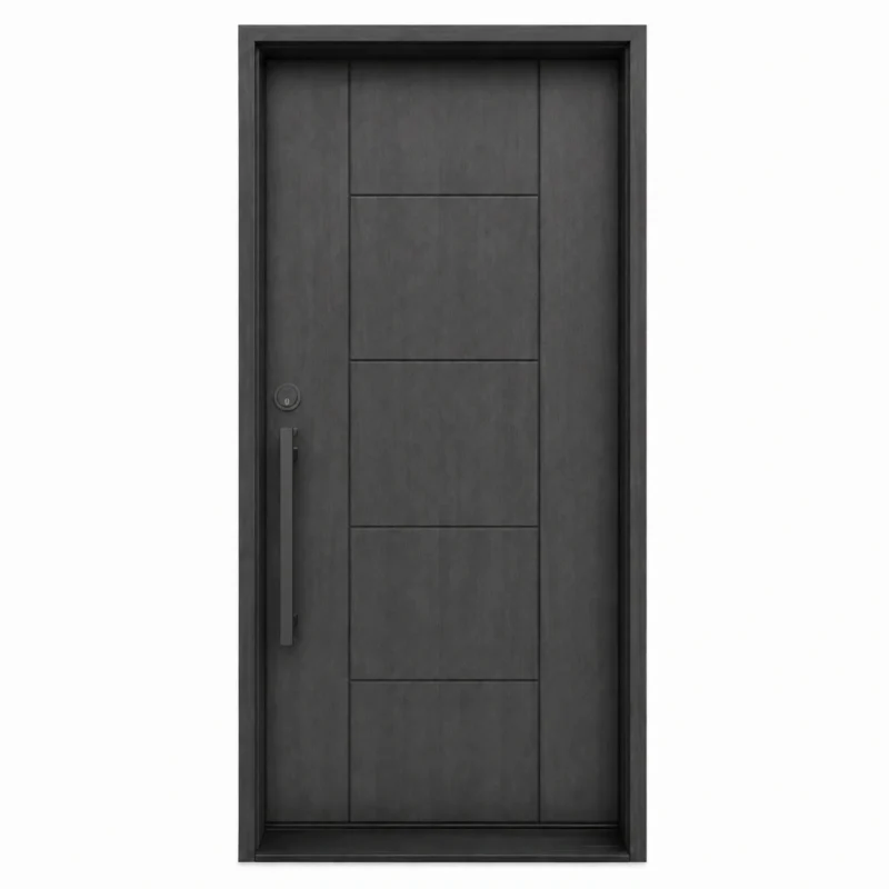 F10 fiberglass entry door with modern geometric panel design and long handle