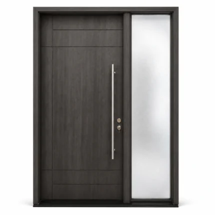 F9 fiberglass entry door with right sidelite and long pull handle