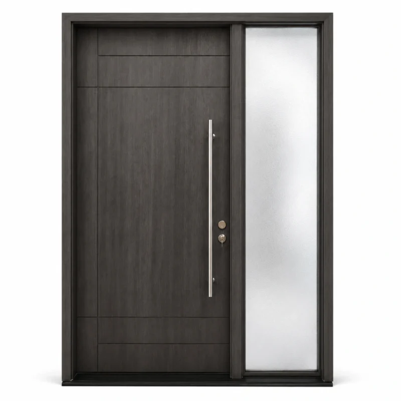 F9 fiberglass entry door with right sidelite and long pull handle