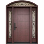 F6 fiberglass entry door with decorative sidelites and arched transom
