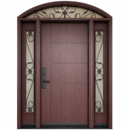 F6 fiberglass entry door with decorative sidelites and arched transom