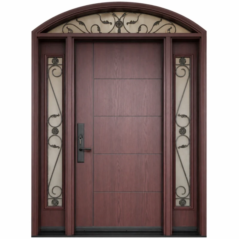 F6 fiberglass entry door with decorative sidelites and arched transom