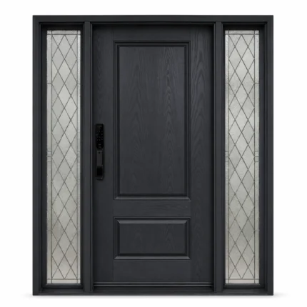 F5 fiberglass entry door with decorative double sidelites and raised panel design