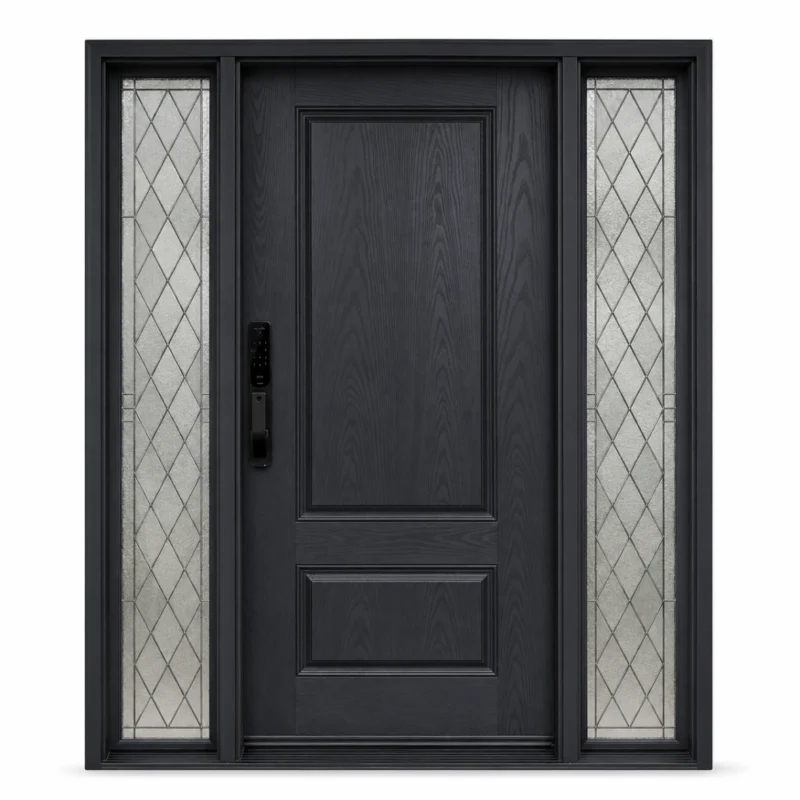F5 fiberglass entry door with decorative double sidelites and raised panel design