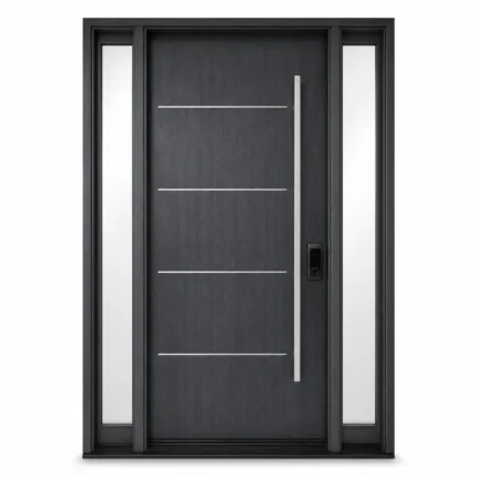 F4 fiberglass entry door with double sidelites and horizontal accent lines