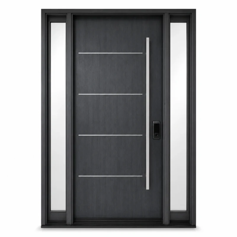 F4 fiberglass entry door with double sidelites and horizontal accent lines