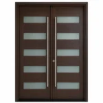 F2 fiberglass double entry door with horizontal glass panels and long pull handles