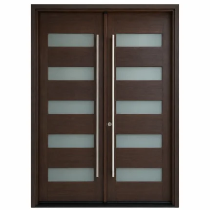 F2 fiberglass double entry door with horizontal glass panels and long pull handles