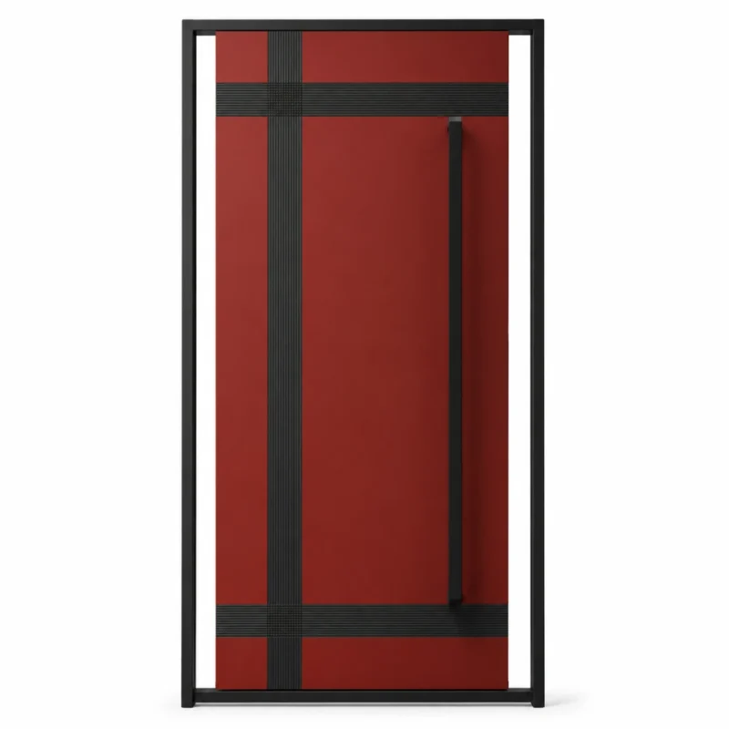 HFB03 high-end custom fiberglass entry door with red panel and black geometric accents