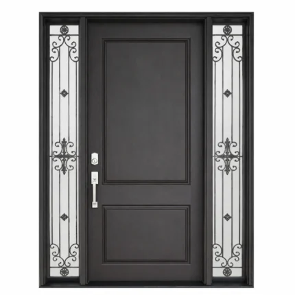 F1 fiberglass entry door with decorative sidelites and raised panel design