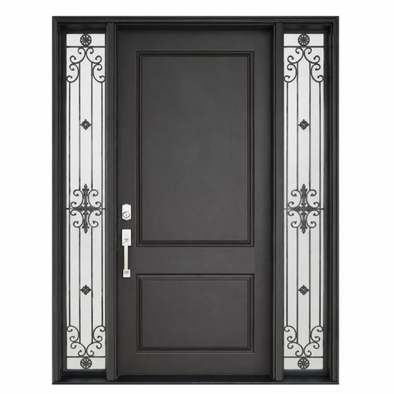 F1 fiberglass entry door with decorative sidelites and raised panel design
