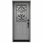 S65 steel entry door with decorative glass insert and gray finish