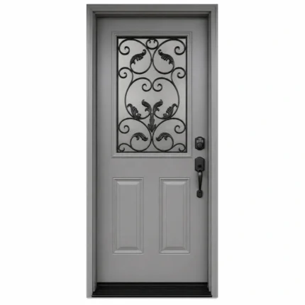S65 steel entry door with decorative glass insert and gray finish