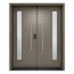 S62 steel double entry door with slim vertical glass inserts and long pull handles