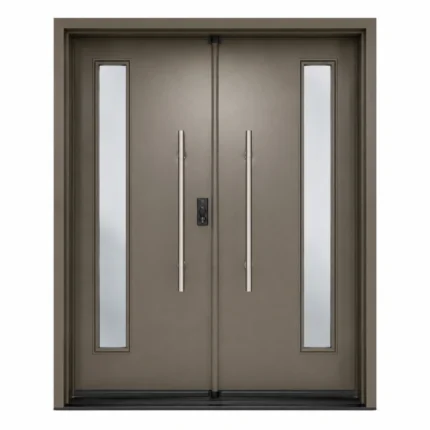 S62 steel double entry door with slim vertical glass inserts and long pull handles