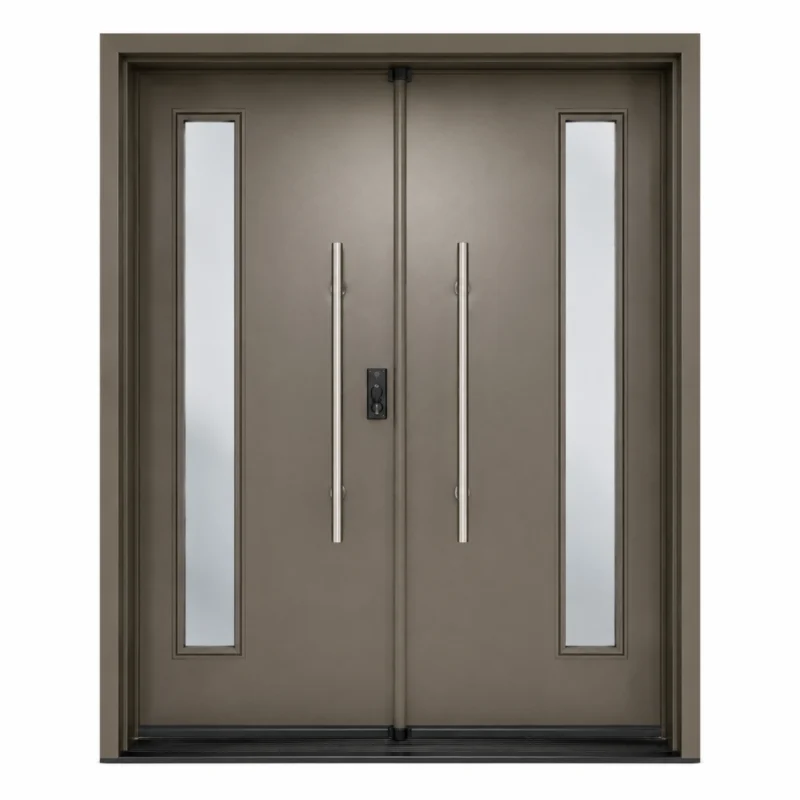 S62 steel double entry door with slim vertical glass inserts and long pull handles