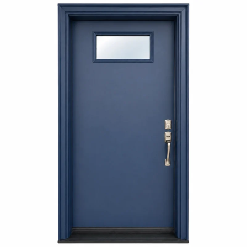 S61 steel entry door with top glass insert and deep blue finish