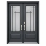 S60 steel double entry door with geometric glass inserts and dark gray finish