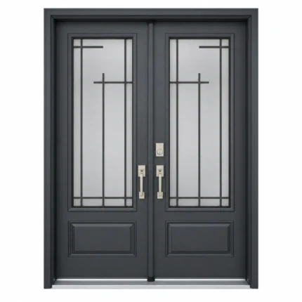 S60 steel double entry door with geometric glass inserts and dark gray finish