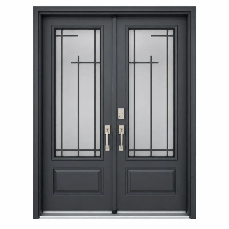 S60 steel double entry door with geometric glass inserts and dark gray finish