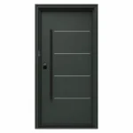 S56 steel entry door with dark green finish and horizontal accent lines