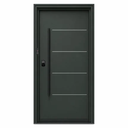 S56 steel entry door with dark green finish and horizontal accent lines