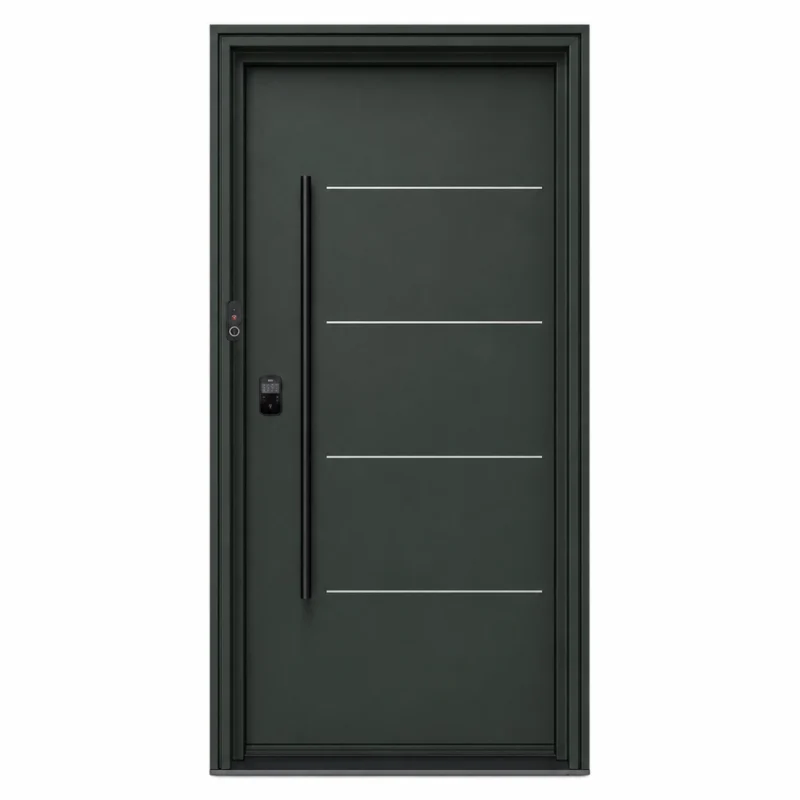 S56 steel entry door with dark green finish and horizontal accent lines