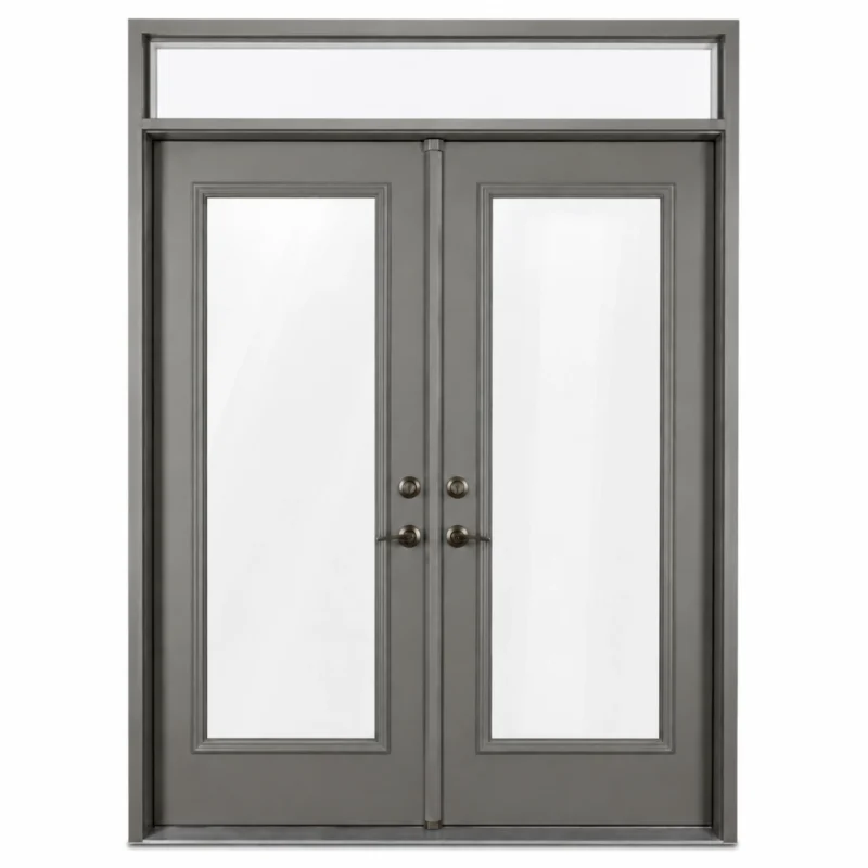 S54 steel double door with large glass panels and top transom