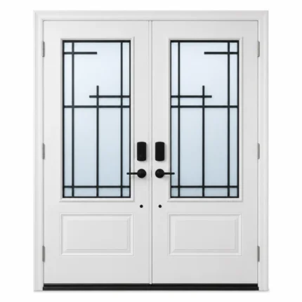 S53 steel double entry door with white finish and geometric glass inserts