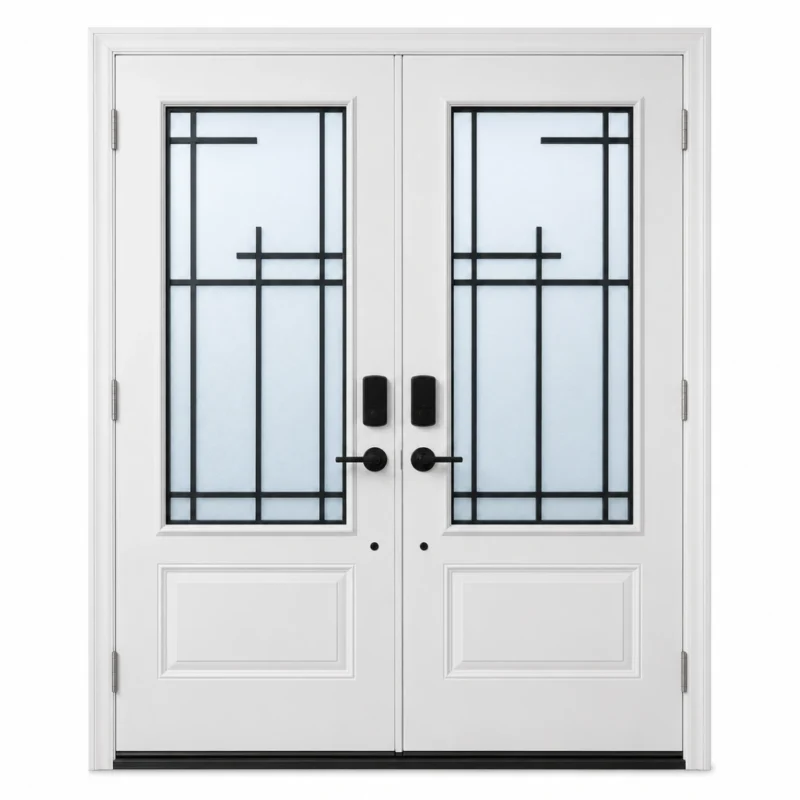 S53 steel double entry door with white finish and geometric glass inserts