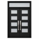 S51 steel double entry door with horizontal glass panels and top transom