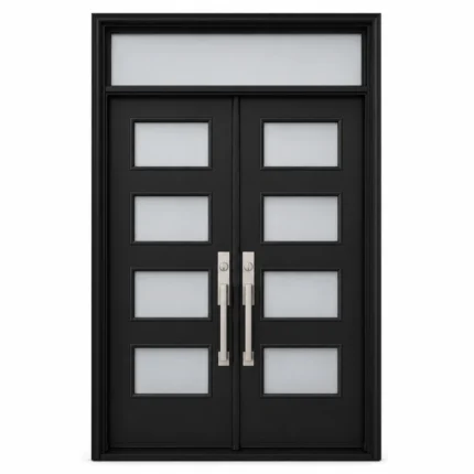 S51 steel double entry door with horizontal glass panels and top transom