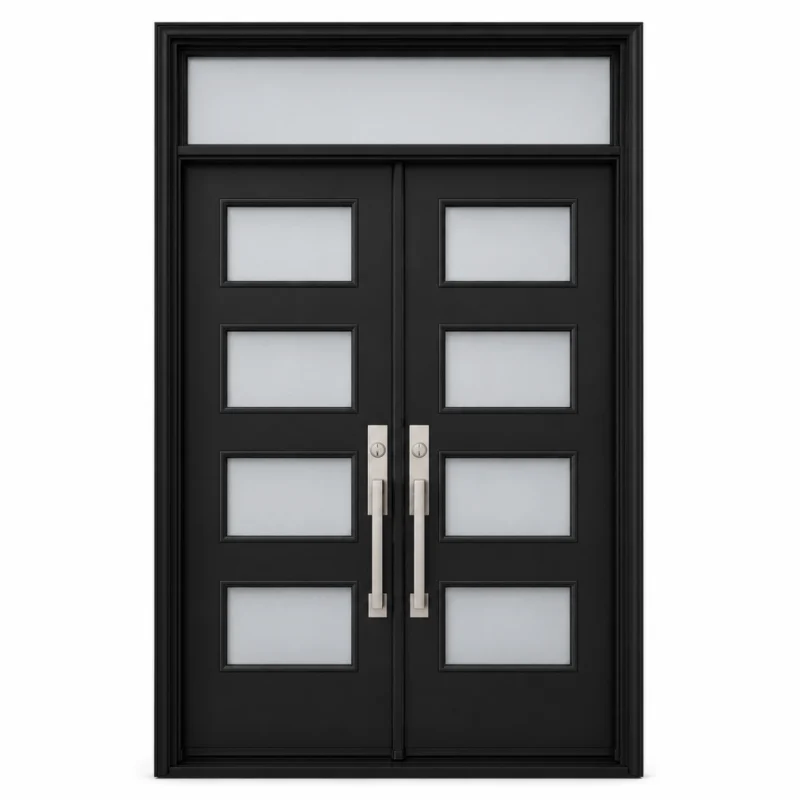 S51 steel double entry door with horizontal glass panels and top transom