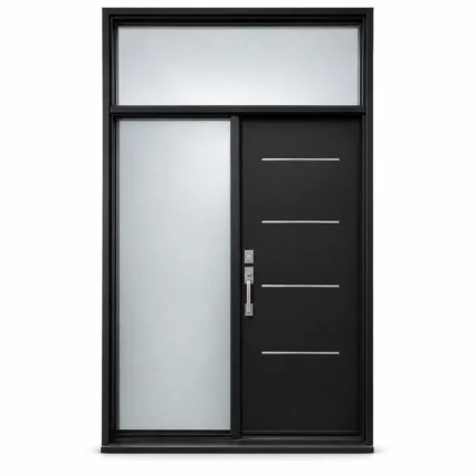 S50 steel entry door with glass sidelite and top transom