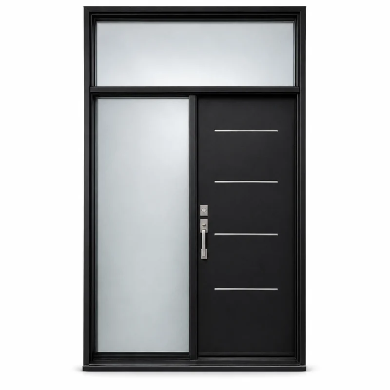 S50 steel entry door with glass sidelite and top transom