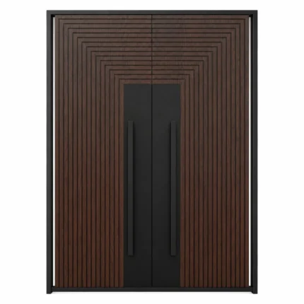 HFB01 high-end custom fiberglass double entry door with dark wood grain and geometric design