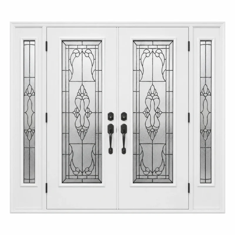 S49 steel double entry door with decorative glass and sidelites