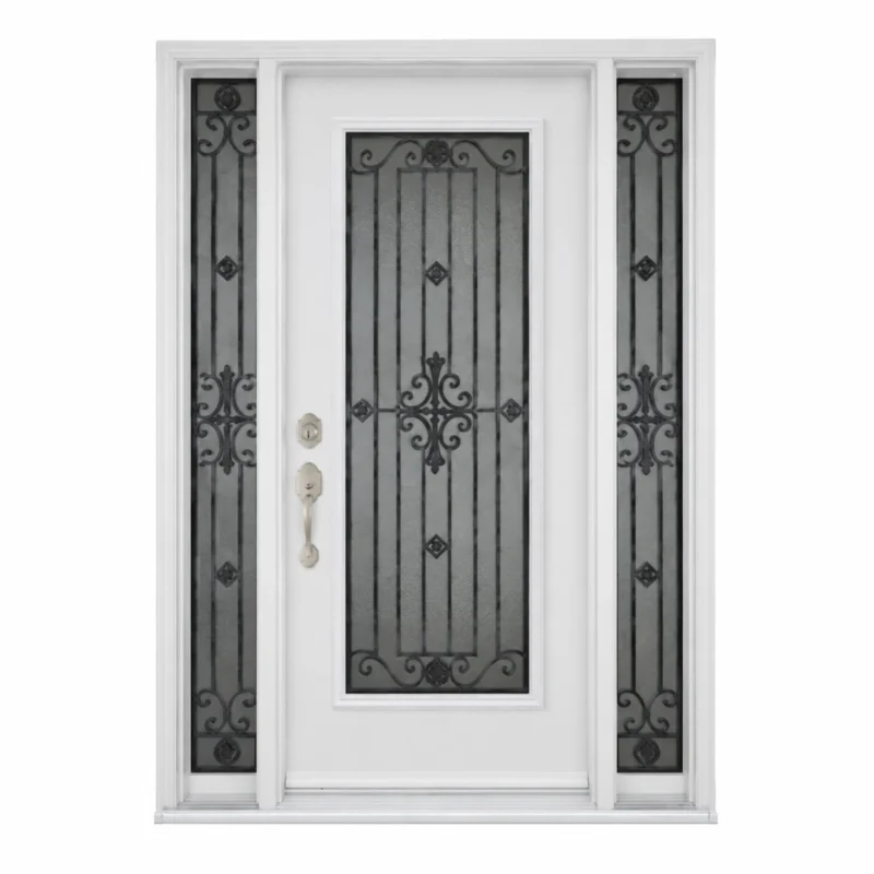 S47 steel entry door with decorative glass and sidelites