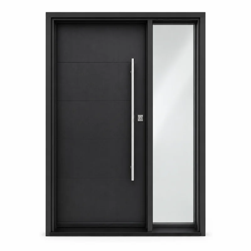 F25 fiberglass entry door with right sidelite and tall pull handle