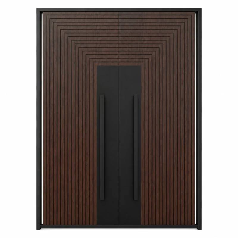 HFB01 high-end custom fiberglass double entry door with dark wood grain and geometric design