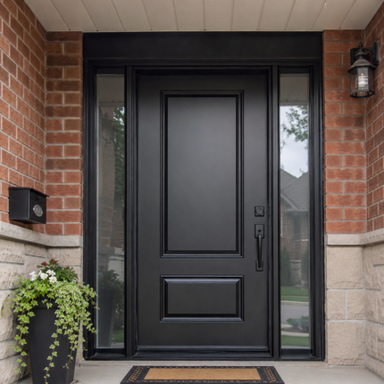 S63 steel entry door with double sidelites installed on a Canadian home entrance