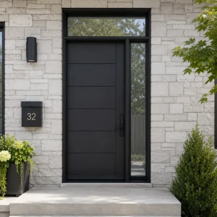 F8 fiberglass entry door with sidelite and transom installed on a Canadian home entrance