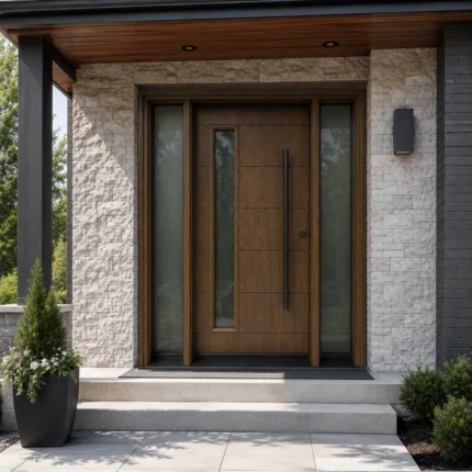 F7 fiberglass entry door with double sidelites installed on a Canadian home entrance