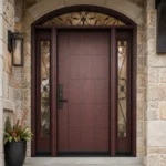 F6 fiberglass entry door with decorative glass installed on a Canadian home entrance