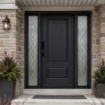 F5 fiberglass entry door with diamond glass sidelites installed on a Canadian home entrance