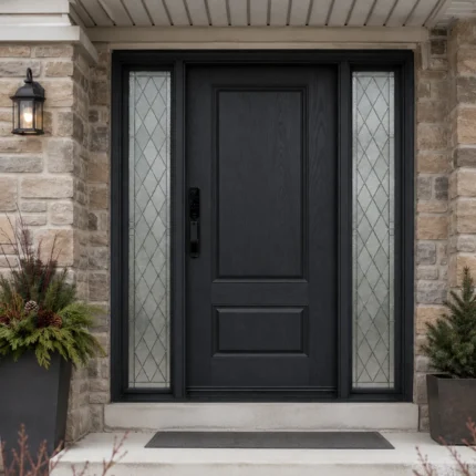 F5 fiberglass entry door with diamond glass sidelites installed on a Canadian home entrance